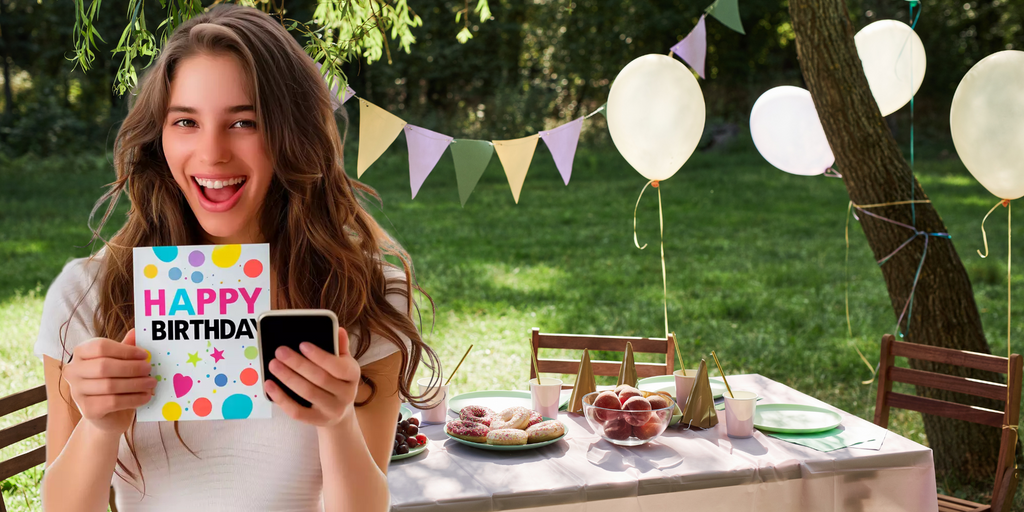 Smiling woman holding a colorful 'Happy Birthday' card and a smartphone, standing in front of a festive outdoor birthday setup with balloons, bunting, and a table set with snacks and party decorations.